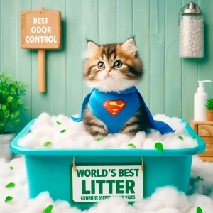 Gatito superhéroe en la caja de arena World’s Best Cat Litter demostrando características superiores de aglomeración y sin polvo para un control efectivo de olores.